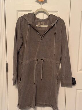 The Territory Ahead Taupe Hooded Drawstring Dress